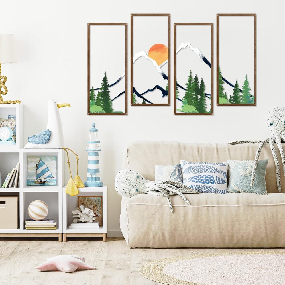 4326 4 Pcs Metal Sunset Mountain Forest Wall Decor, Abstract Minimalist